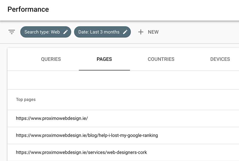 Top pages in Google Search Console