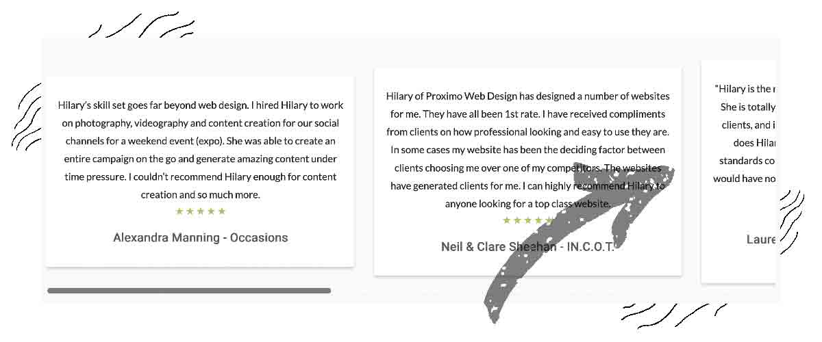 Carousel showing testimonials with a scrollbar bottom and card partially obscured to indicate hidden content for better UX