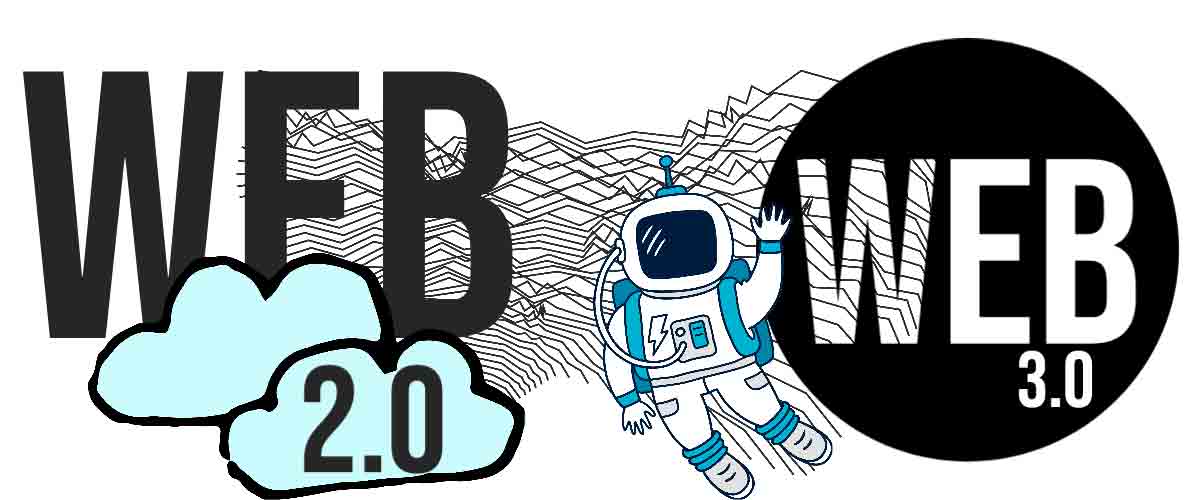 Web 2.0 and Web 3.0 with sketch background astronaut and clouds