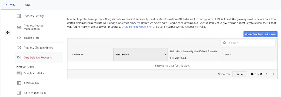 Delete data Google Analytics property screenshot